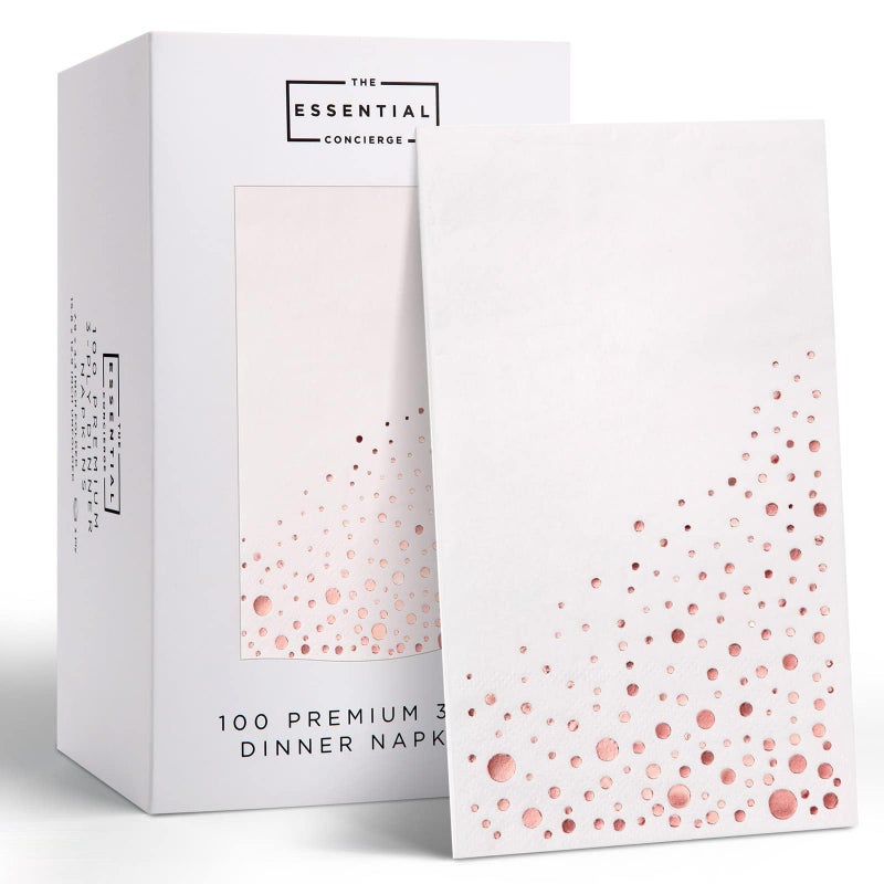 The Essential Concierge Stylish Rose Gold Napkins 100 Count Disposable Napkins 75 x 425 Inch Rose Gold White 3Ply Paper Napkins